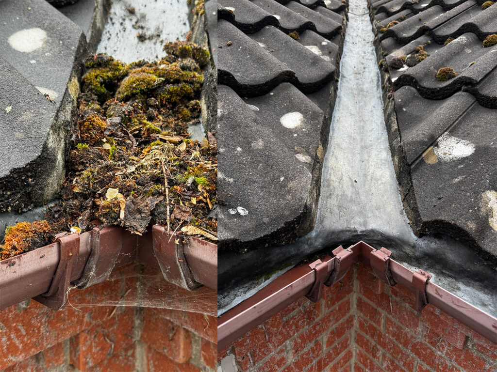 Before and after a professional gutter clean on a house in Lowestoft